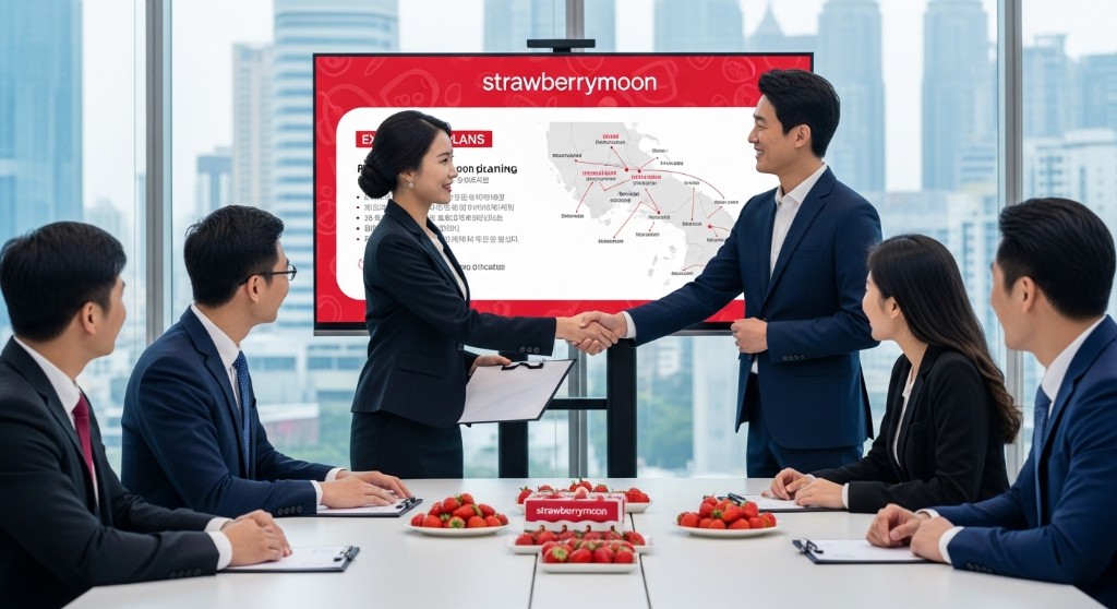 글로벌 확장을 상징하는 비즈니스 미팅 및 스트로베리문 브랜드 현장